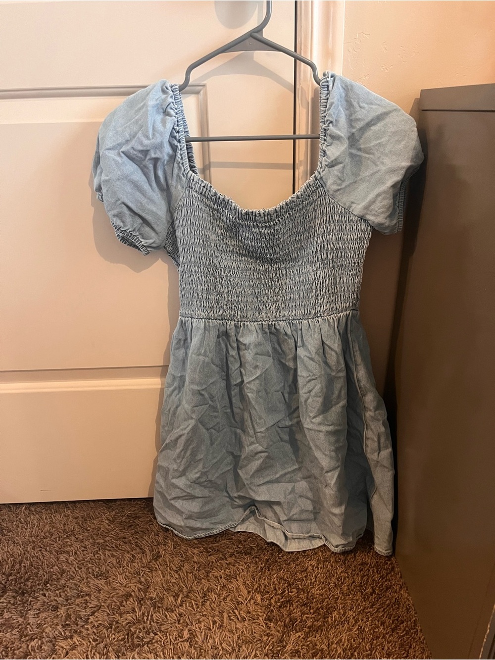 American Eagle Outfitters Light Blue Puff Sleeve Smocked Mini Dress
